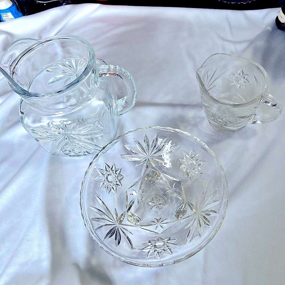 Vintage Clear Glass Bowl and Pitchers Anchor Hocking Star of David Lot of 3
